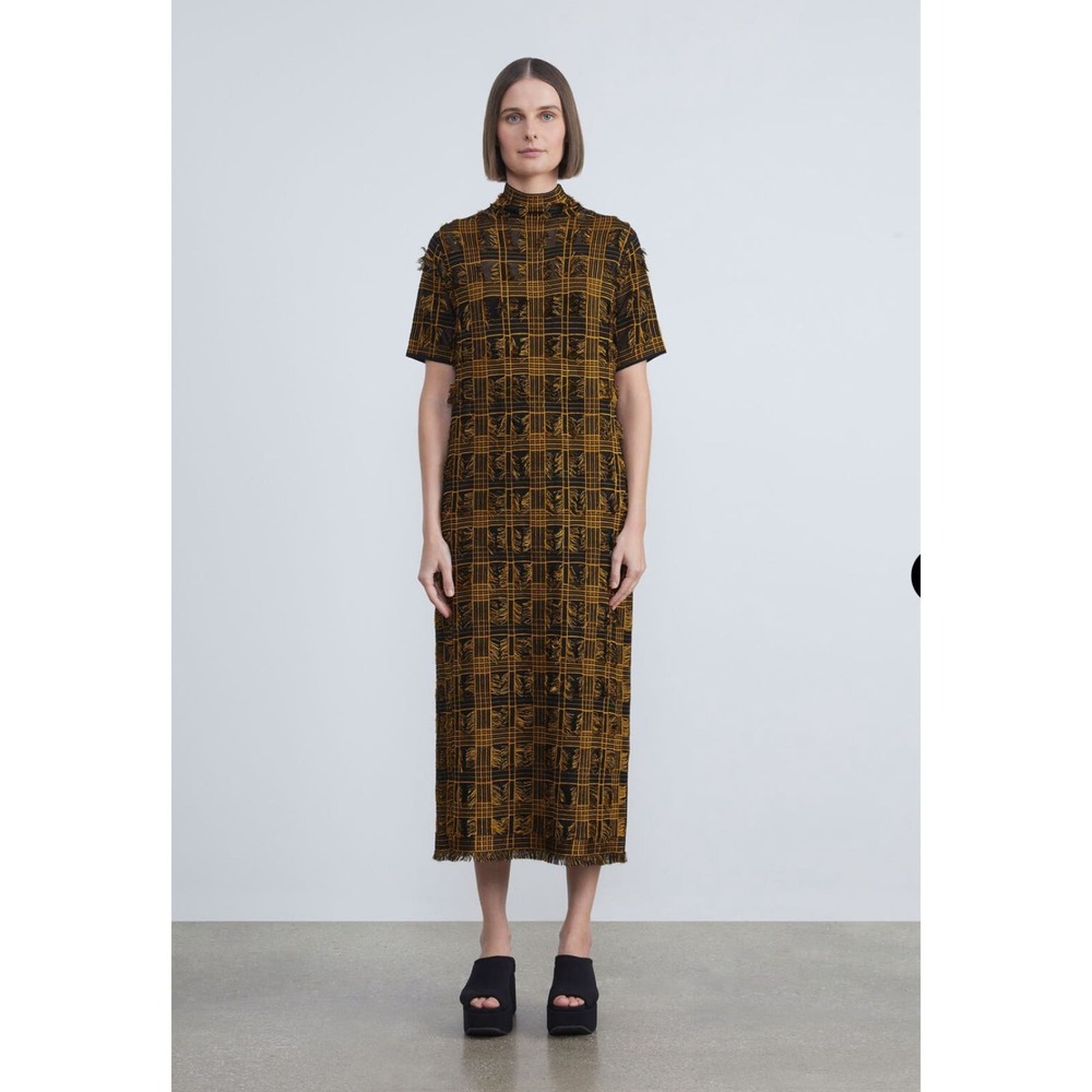 Lafayette 148 New York Plaid Jacquard Knit Fringed Sweater Dress Size L